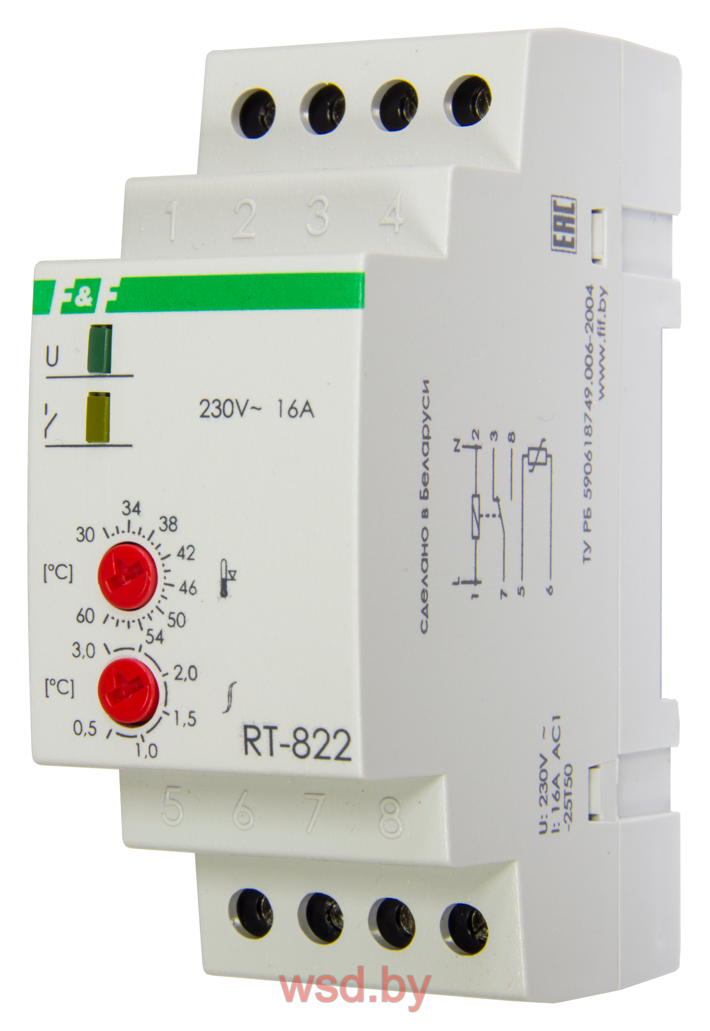 RT-822 Регулятор температуры диапазон температур от +30 до +60°С, выносной датчик, 2 модуля, монтаж на DIN-рейке 50-260В AC 16А  1NO/NC IP20